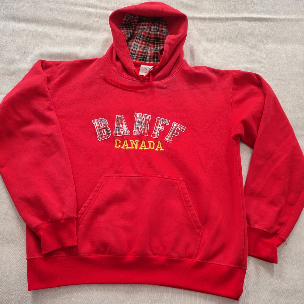 Vintage Banff Canada Red Plaid Applique Hoodie - XL, Retro Y2K - Picture 4 of 17